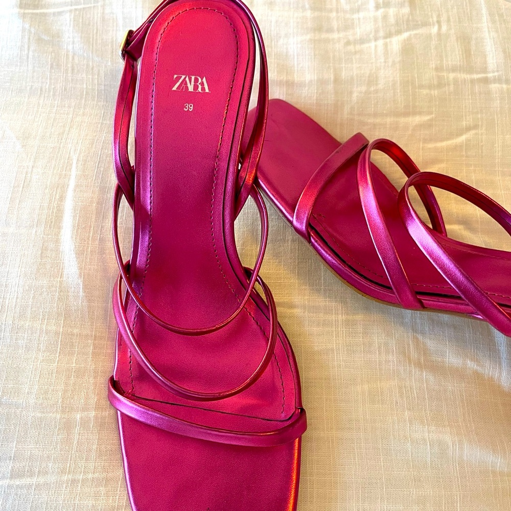 Zara Metallic Pink Strappy Heels Size 39/US Size 8